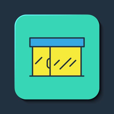 Alışveriş merkezi ya da market simgesi mavi arka planda izole edildi. Dükkan inşaatı. Turkuaz kare düğme. Vektör