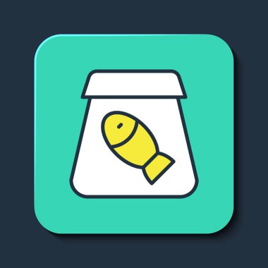 İnternetten sipariş ve fast food siparişi ile doldurulmuş mavi arka planda balık ikonu var. Turkuaz kare düğme. Vektör