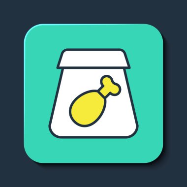 İnternetten sipariş ve fast food siparişi ile doldurulmuş mavi arka planda izole edilmiş yemek ikonu. Turkuaz kare düğme. Vektör