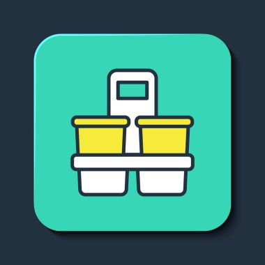 Mavi arka planda izole edilmiş bir kahve bardağını doldurdum. Turkuaz kare düğme. Vektör