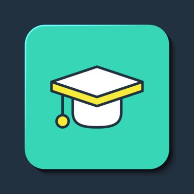 Mavi arkaplanda izole edilmiş ana hatlı mezuniyet simgesi. Tassel ikonlu mezuniyet şapkası. Turkuaz kare düğme. Vektör