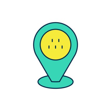 Beyaz arkaplanda izole edilmiş taksi arabası simgesiyle ana hatları doldurulmuş. Konum sembolü. Vektör