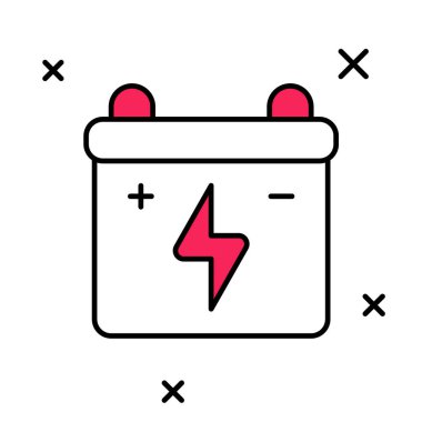 Doldurulmuş araba aküsü simgesi beyaz arka planda izole edilmiş. Akümülatör bataryası enerji ve elektrik akümülatörü bataryası. Vektör