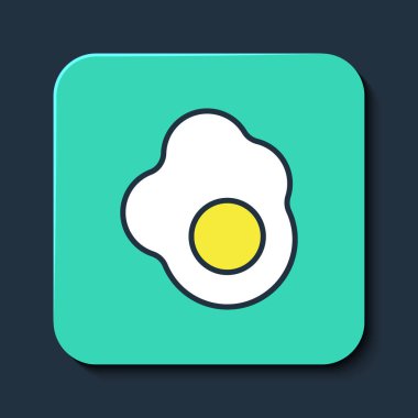 Doldurulmuş çırpılmış yumurta simgesi mavi arka planda izole edilmiş. Ev yemeği, sahanda yumurta, sağlıklı kahvaltı, omlet ikonu. Turkuaz kare düğme. Vektör