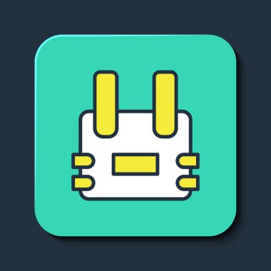 Mavi arka planda izole edilmiş kurşun ikonundan korunmak için kurşun geçirmez yelek. Vücut zırhı işareti. Askeri kıyafetler. Turkuaz kare düğme. Vektör