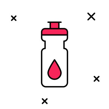 Beyaz arkaplanda izole edilmiş ana hatlı fitness karıştırıcı simgesi. Su ve protein kokteylleri için kapaklı spor karıştırıcı şişesi. Vektör