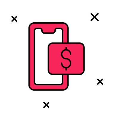 Doldurulmuş cep telefonu ve alışveriş arabası simgesi beyaz arka planda izole edilmiş. İnternetten satın alma sembolü. Süpermarket sepeti sembolü. Vektör