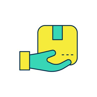 Beyaz arkaplanda izole edilmiş karton kutu simgesiyle ana hatları doldurulmuş teslimat eli. Kuryeyle kapı kapı dolaşacağız. Vektör