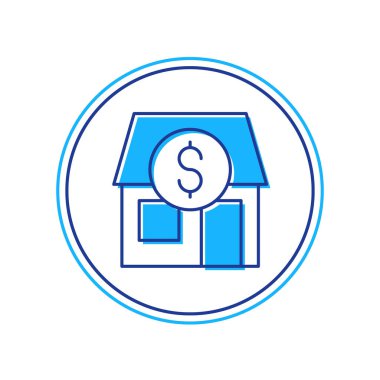 Doldurulmuş ana hatlı alışveriş binası veya market simgesi beyaz arka planda izole edilmiş. Dükkan inşaatı. Vektör