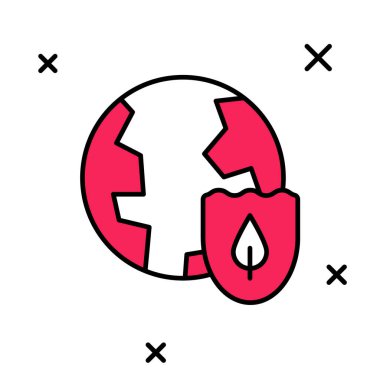 Beyaz arka planda izole edilmiş, Dünya 'nın dış hatlarını kalkan simgesiyle doldurdum. Sigorta konsepti. Güvenlik, güvenlik, koruma, gizlilik kavramı. Vektör