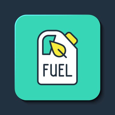 Ana hatları doldurulmuş biyo yakıt bidon ikonu mavi arka planda izole. Çevre biyolojisi ve namlusu. Yeşil çevre ve geri dönüşüm. Turkuaz kare düğme. Vektör