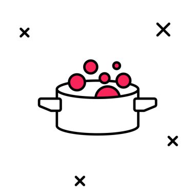 Beyaz arkaplanda izole edilmiş ana hatlı tencere ikonu. Haşlama ya da güveç besin sembolü. Vektör