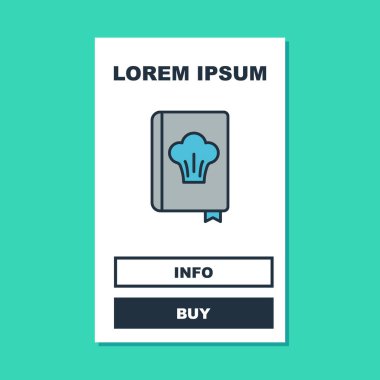 Doldurulmuş ana hatlı yemek kitabı simgesi turkuaz arka planda izole edildi. Yemek kitabı ikonu. Yemek tarifi kitabı. Çatal ve bıçak ikonları. Çatal bıçak sembolü. Vektör