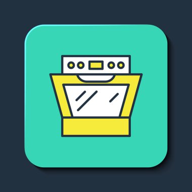 Doldurulmuş fırın simgesi mavi arkaplanda izole edildi. Fırın tabelası. Turkuaz kare düğme. Vektör