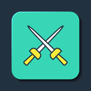 Mavi arkaplanda izole edilmiş ana hatlı eskrim simgesi. Spor malzemeleri. Turkuaz kare düğme. Vektör