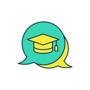 Beyaz arkaplanda izole edilmiş konuşma baloncuğu simgesinde özet doldurulmuş. Tassel ikonlu mezuniyet şapkası. Vektör