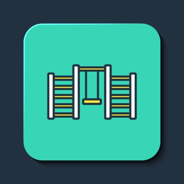 Mavi arka planda izole edilmiş, ana hatlı İsveç duvar simgesi. İsveç merdivenleri. Turkuaz kare düğme. Vektör