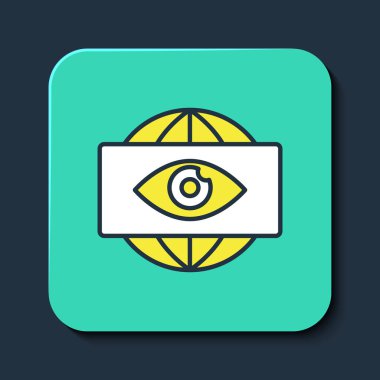 Ana hatları doldurulmuş elektronik göz ikonu mavi arka planda izole edilmiş. Küresel izleme teknolojisi, bilgisayar sistemleri ve ağ güvenliği. Turkuaz kare düğme. Vektör