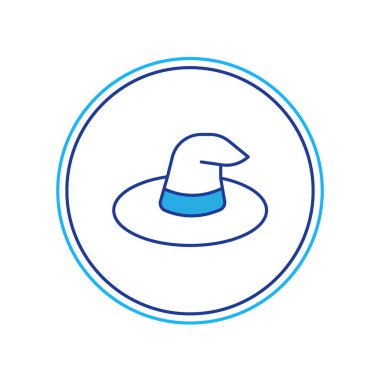 Beyaz arka planda izole edilmiş ana hatlı Cadı şapkası simgesi. Mutlu Cadılar Bayramı Partisi. Vektör