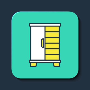 Doldurulmuş Gardırop simgesi mavi arkaplanda izole edildi. Dolap tabelası. Turkuaz kare düğme. Vektör