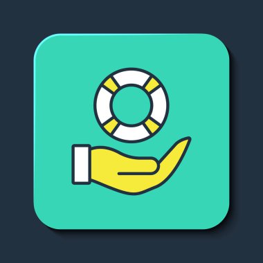 Mavi arka planda izole edilmiş Lifebuoy 'un el simgesi. Can simidi sembolü. Turkuaz kare düğme. Vektör