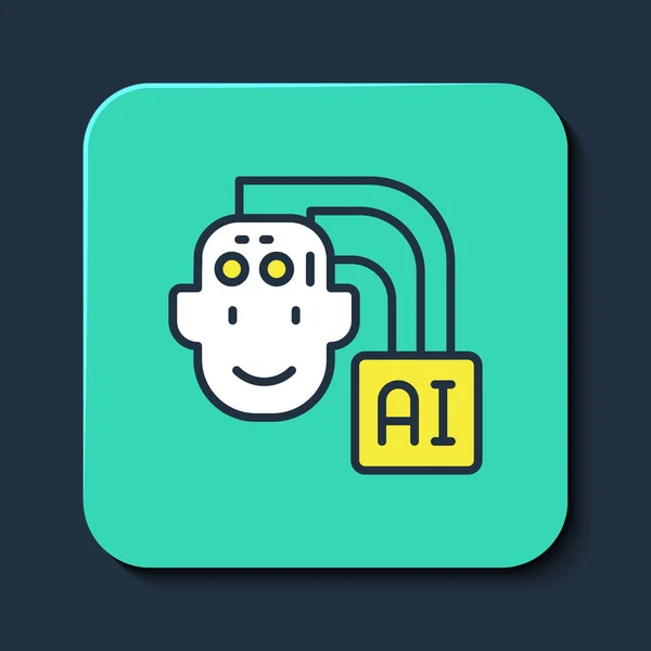 Gevulde omtrek Humanoid robot icoon geïsoleerd op blauwe achtergrond. Kunstmatige intelligentie, machine learning, cloud computing. Turkoois vierkante knop. Vector — Stockvector