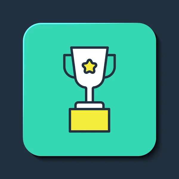 Filled outline Award cup icon isolated on blue background. Winner trophy symbol. Championship or competition trophy. Sports achievement sign. Turquoise square button. Vector — 图库矢量图片
