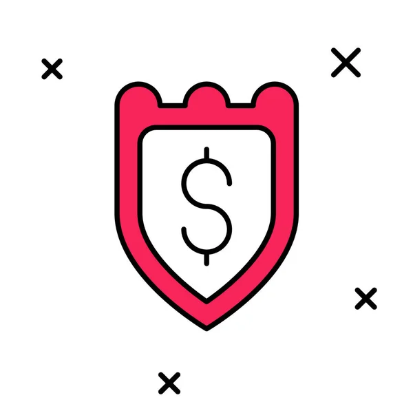 Gevuld omtrek Schild met dollarsymbool pictogram geïsoleerd op witte achtergrond. Beveiligingsschild bescherming. Het concept van geldzekerheid. Vector — Stockvector