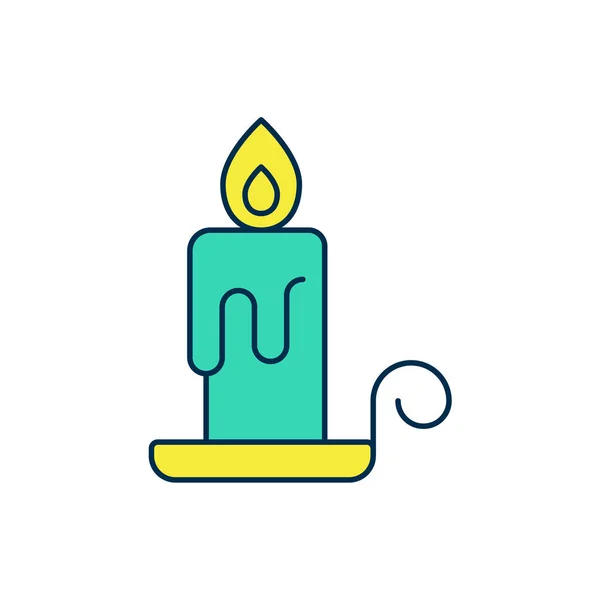 Esquema rellenado Vela ardiente en el icono del candelero aislado sobre fondo blanco. Vara cilíndrica con llama ardiente. Vector — Archivo Imágenes Vectoriales