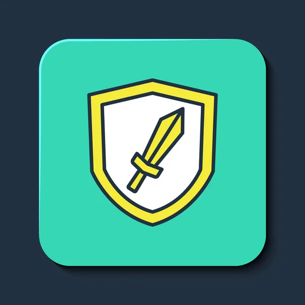 Filled outline Sword for game icon isolated on blue background. Turquoise square button. Vector — 图库矢量图片