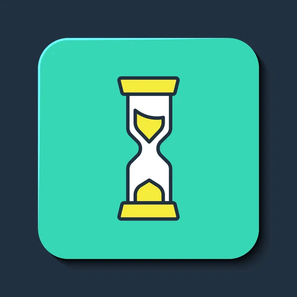 Esquema lleno Reloj de arena viejo con el icono de arena que fluye aislado en el fondo azul. Señal de reloj de arena. Concepto de negocio y gestión del tiempo. Botón cuadrado turquesa. Vector — Vector de stock