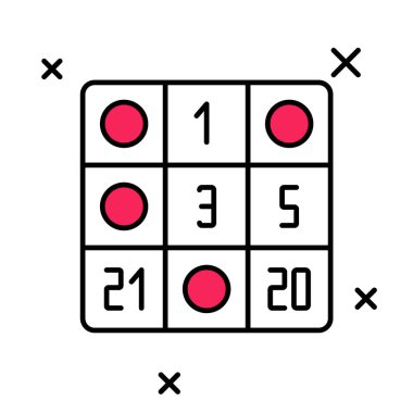 Beyaz arkaplanda izole edilmiş şanslı numaralar simgesi içeren ana hatlı bingo kartı. Vektör