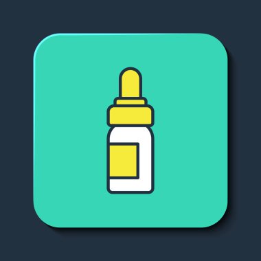 Özgün yağ şişesi simgesi mavi arka planda izole edildi. Organik aromaterapi özü. Cilt bakımı serumu cam bırakma paketi. Turkuaz kare düğme. Vektör