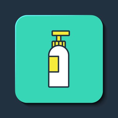 Mavi arka planda izole edilmiş şampuan ikonu ana hatlarıyla dolu. Turkuaz kare düğme. Vektör