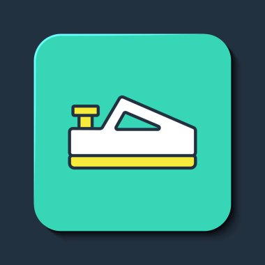 Ahşap işçilerinin el yapımı ikonu için mavi arka planda izole edilmiş ahşap uçaklar. Ortak düzlem. Turkuaz kare düğme. Vektör