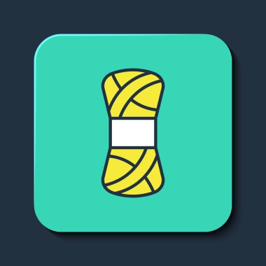 Mavi arkaplanda dizin ipliği simgesi izole edildi. El yapımı, örgü ya da terzi için etiket. Turkuaz kare düğme. Vektör