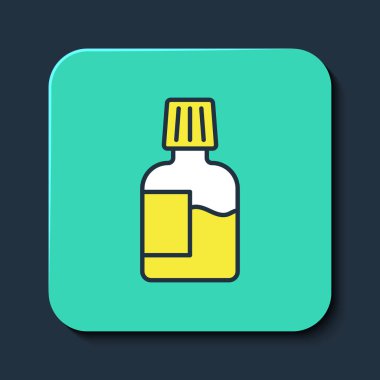 Doldurulmuş ağız gargargarası plastik şişe ikonu mavi arka planda izole edilmiş. Ağzını çalkalamak için sıvı. Ağız bakım ekipmanları. Turkuaz kare düğme. Vektör