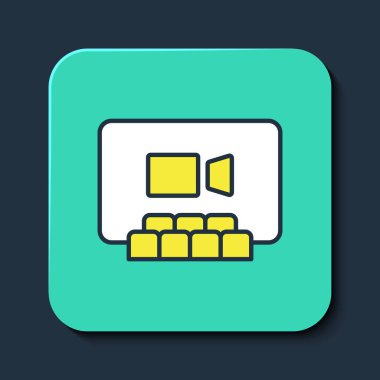 Mavi arkaplanda izole edilmiş ana hatlı görüntülü sohbet sohbet ikonu. Çevrimiçi iş görüşmesi formu. Uzak proje yönetimi. Turkuaz kare düğme. Vektör