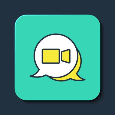 Mavi arkaplanda izole edilmiş ana hatlı görüntülü sohbet sohbet ikonu. Çevrimiçi iş görüşmesi formu. Uzak proje yönetimi. Turkuaz kare düğme. Vektör