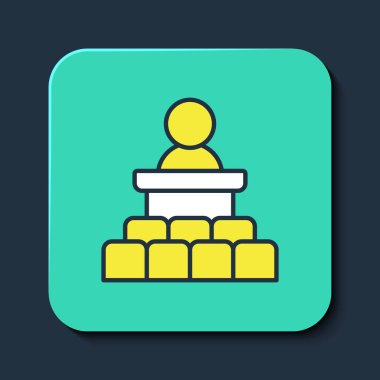 Doldurulmuş Hoparlör simgesi mavi arkaplanda izole edildi. Ben Tribün 'den hatip. Halka açık konuşma. Kürsüde biri var. Turkuaz kare düğme. Vektör