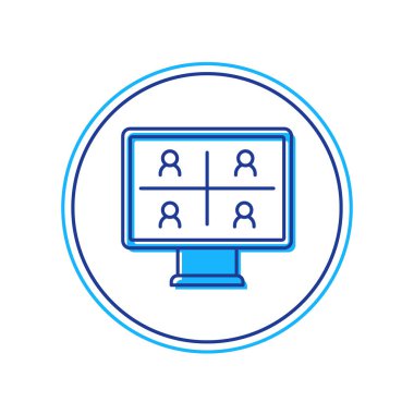 Beyaz arkaplanda izole edilmiş ana hatlı görüntülü sohbet ikonu. Çevrimiçi iş görüşmesi formu. Uzak proje yönetimi. Vektör