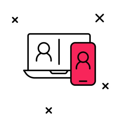 Beyaz arkaplanda izole edilmiş ana hatlı görüntülü sohbet ikonu. Çevrimiçi iş görüşmesi formu. Uzak proje yönetimi. Vektör