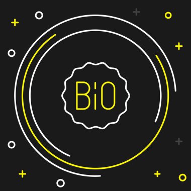 Çizgi Banner, etiket, etiket, biyoyeşil sağlıklı yiyecek simgesi için logo siyah arkaplanda izole edilmiş. Organik ürün. Sağlıklı yemek etiketi. Renkli taslak konsepti. Vektör