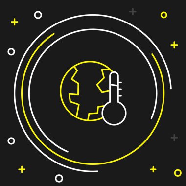 Dünya Gezegeni 'nin erimesi, kara arka planda izole edilmiş küresel ısınma ikonuna dönüşüyor. Ekolojik problemler ve çözümler - termometre. Renkli taslak konsepti. Vektör