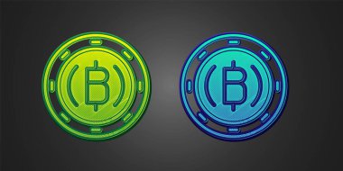 Yeşil ve mavi kripto para birimi simgesi Bitcoin siyah arka planda izole edildi. Madeni para. Engelleme zinciri tabanlı şifreli para birimi. Vektör