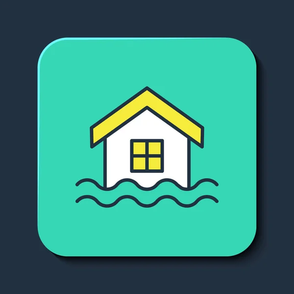 填充轮廓房屋洪水图标孤立在蓝色背景.家里被水淹没了保险概念。安保、安全、保护、保护概念。绿松石正方形按钮。B.病媒 — 图库矢量图片