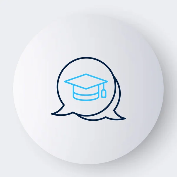 Ligne Cap de graduation dans l'icône de bulle de parole isolé sur fond blanc. Chapeau de graduation avec icône de pompon. Concept de contour coloré. Vecteur — Image vectorielle