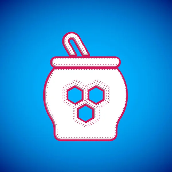 White Jar of honey and honey dipper stick icon isolated on blue background. Food bank. Sweet natural food symbol. Honey ladle. Vector — Stock Vector