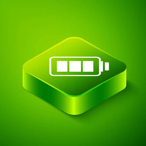 Изометрический индикатор уровня заряда батареи изолирован на зеленом фоне. Зеленая квадратная кнопка. Вектор — стоковый вектор