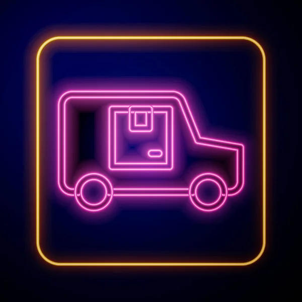 Ícone de veículo de caminhão de carga de entrega de néon brilhante isolado no fundo preto. Vetor —  Vetores de Stock